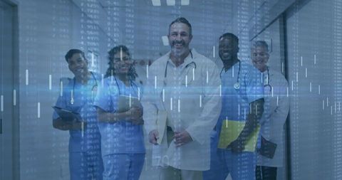 Smiling Healthcare Team Walking in Hospital Corridor With Data Overlay