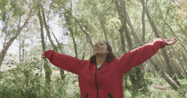 Smiling Woman Enjoying Nature in Forest with Open Arms - Download Free Stock Images Pikwizard.com