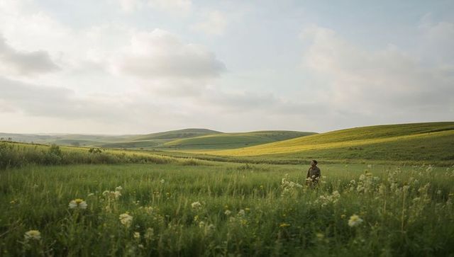 Solitary man walking through wildflower meadow and rolling green hills at golden light