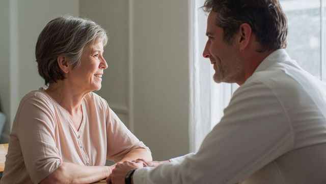 Adult son holding hands with senior mother sharing warm conversation in natural light