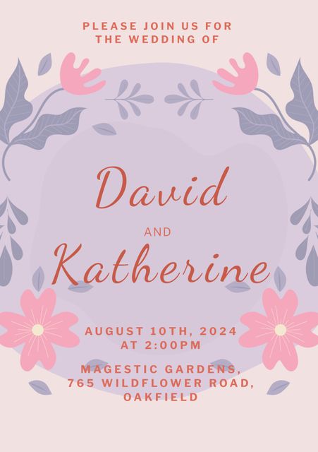 This beautiful wedding invitation template features an elegant floral design with pink flowers and leaves. The light pastel background adds a touch of romance, making it perfect for engagements, save-the-dates, and wedding ceremonies. Fully customizable with details such as names, date, time, and location, this template is ideal for creating personalized wedding cards that leave a lasting impression.