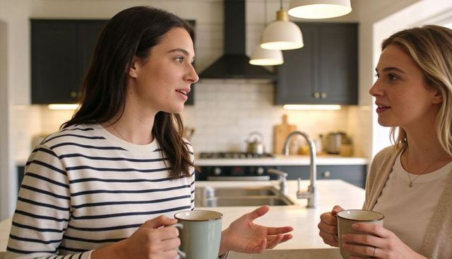 Two women chatting over coffee at modern kitchen island, morning conversation