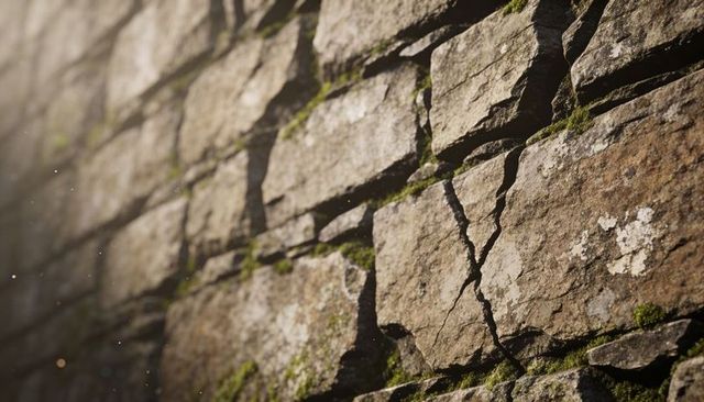 Sunlit weathered stone wall with moss and lichen, cracked masonry texture in golden hour