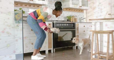 Woman feeding dog in bright farmhouse kitchen wearing colorful striped sweater and jeans