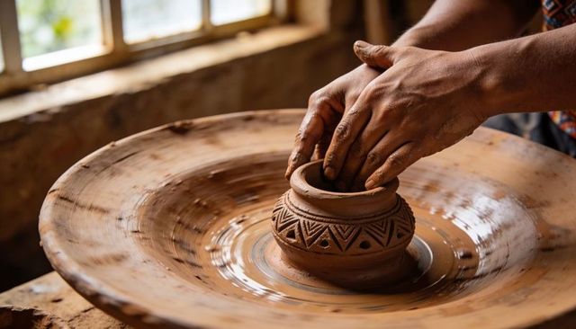Close-up artisan hands shaping carved terracotta pot on pottery wheel in rustic workshop
