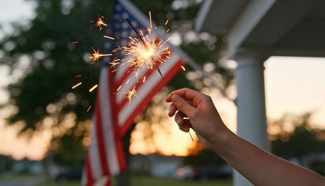 Hand holding lit sparkler with american flag at sunset on porch patriotic summer celebration