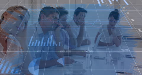 Business Team Analyzing Market Trends with Data Visualization Overlay