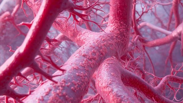 Macro rendering of branching vascular trunk with nodular texture and capillary network