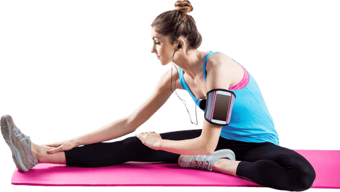 Transparent young woman stretching on exercise mat with smartphone