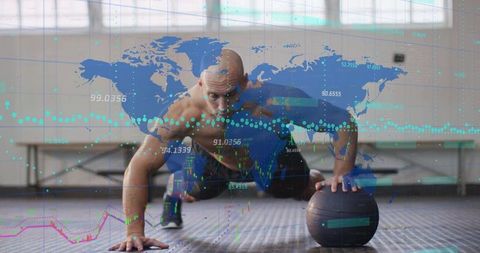 Muscular athlete balancing on medicine ball doing push-ups with global data overlay