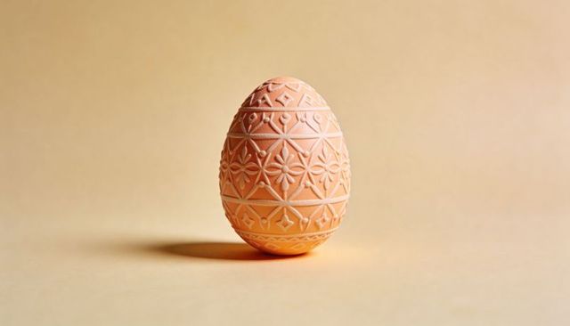 Handcarved decorative easter egg with floral embossed pattern on beige backdrop