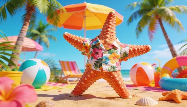 Playful starfish wearing floral shirt on tropical beach with umbrellas and beach balls