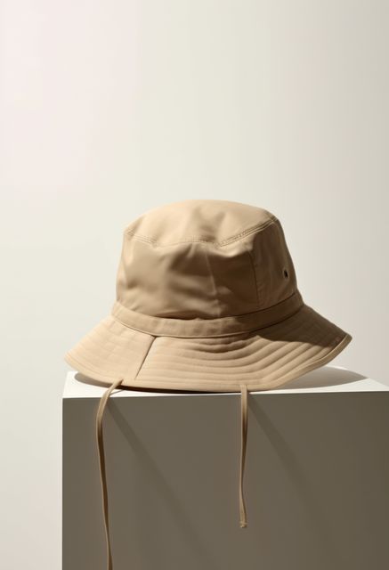 Beige bucket hat on white postument and white background, created using generative ai technology. Fashion, hats and headwear concept digitally generated image.