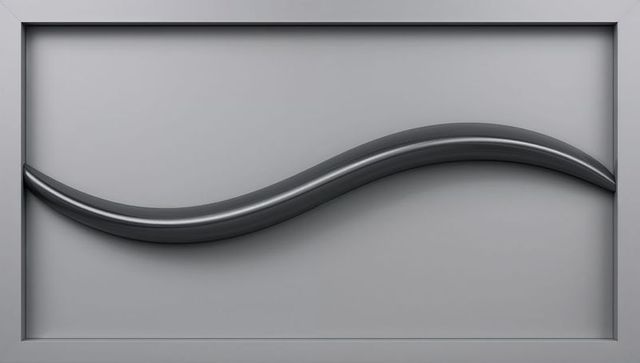 Gunmetal sinuous band running across minimal rectangular wall panel, sculptural detail