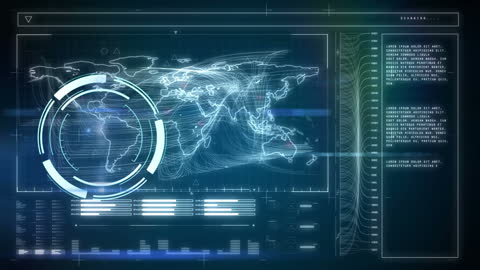 High-Tech Digital Interface Display with World Map and Data Analytics