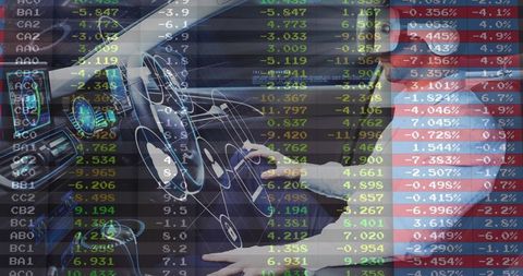 Male driver tapping touchscreen and viewing wireframe HUD overlaid with stock market data