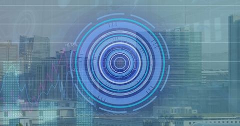 Futuristic data portal interface over busy urban rooftop