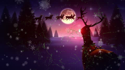 Santa Claus and Reindeer Flying Over Snowy Forest at Magical Night