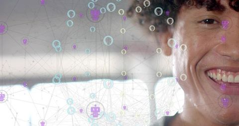 Smiling Man in Car with Futuristic Network and AI Overlay