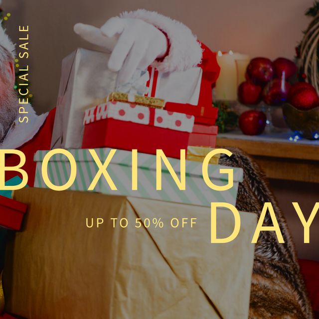 Square image of santa claus holding gifts and boxing day up to 50 percent text. Boxing day campaign.