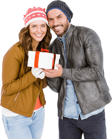 Smiling Couple Holding Present with Transparent Background Winter Clothing