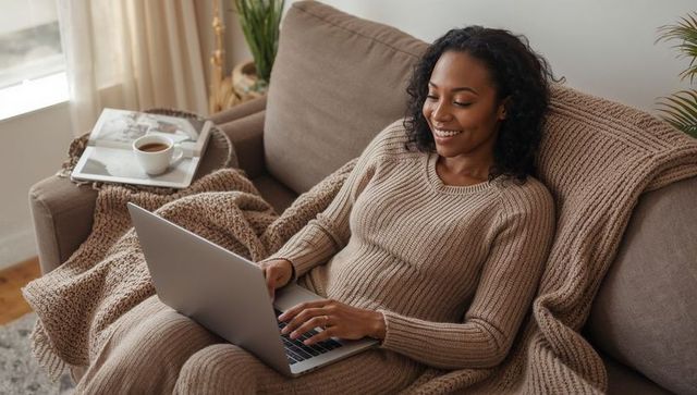 Smiling woman working on laptop while relaxing on sofa with cozy knit blanket
