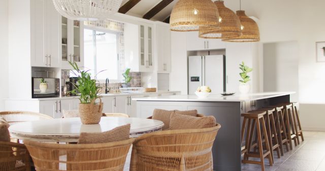 Modern Kitchen with Wicker Accents and Breakfast Nook - Download Free Stock Photos Pikwizard.com