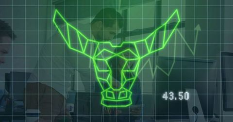 Collaboration in Modern Office with Rising Bull Stock Market Concept