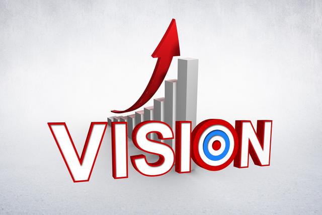 Digital composite showing the word 'VISION' in front of a bar graph with an upward arrow. The 'O' in 'VISION' is designed as a target. This image is ideal for business presentations, motivational posters, and strategic planning materials to emphasize growth, success, and goal-setting.