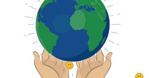 Hands lifting globe surrounded by emoticons