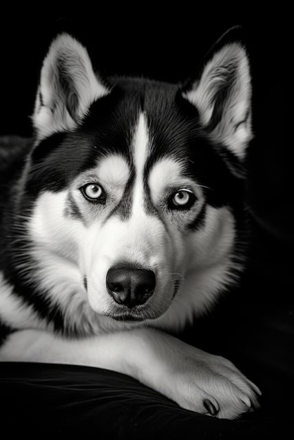 Elegant monochrome shot of a Siberian Husky showcasing distinctive features and expressive eyes. Useful for pet ads, breed information, dog products, and animal portraits.