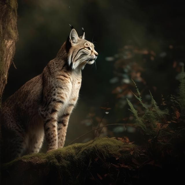 Majestic lynx standing on a moss-covered tree trunk, surrounded by the dense and mysterious forest. Suitable for wildlife documentaries, nature conservation campaigns, educational materials on big cats and predators, and outdoor adventure blogs.