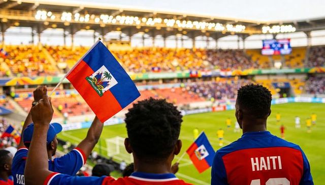 Haiti soccer fans waving national flags in stadium during international football match