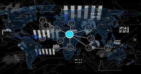 Central glowing user node connecting global network map with data dashboard overlays