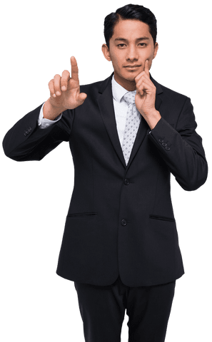 Thinking asian businessman pointing transparent background