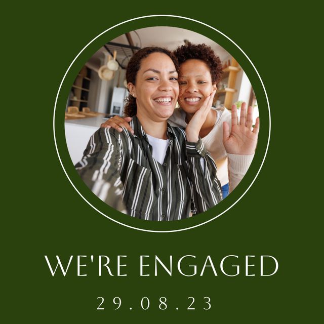 Two women are depicted celebrating their engagement with radiant smiles, highlighting their love, commitment, and diversity. Perfect for use in announcements, social media posts celebrating love and equality, engagement-related promotions, and inclusivity campaigns.