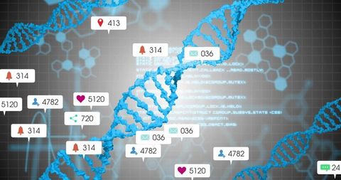 Blue 3D DNA helix showing social media badges and analytics HUD for genomics visualization