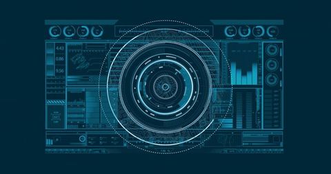 Futuristic holographic hud rotating concentric radar with telemetry data readouts