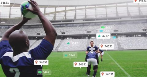 Throwing rugby lineout with social media overlay and team formation in modern stadium