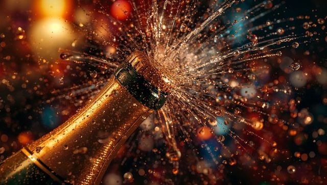 Popping champagne cork with vibrant bokeh sparkle splash