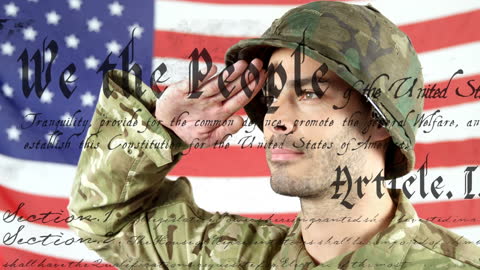 Soldier Saluting with American Flag and Constitution Overlay