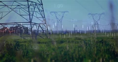 Steel Power Lines and Futuristic Data Visualization in Green Field