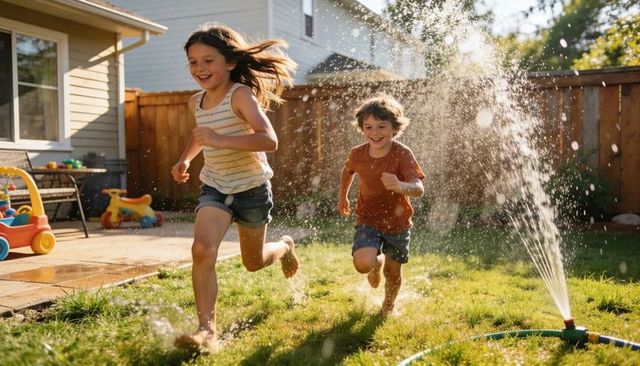 Joyful siblings running through sprinkler on sunny suburban backyard lawn summer playtime