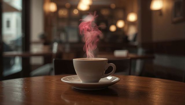 Cozy Cafe Setting with Steaming Pink-Tinted Coffee Aroma