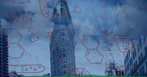 Overlay of chemical formulas on city skyline
