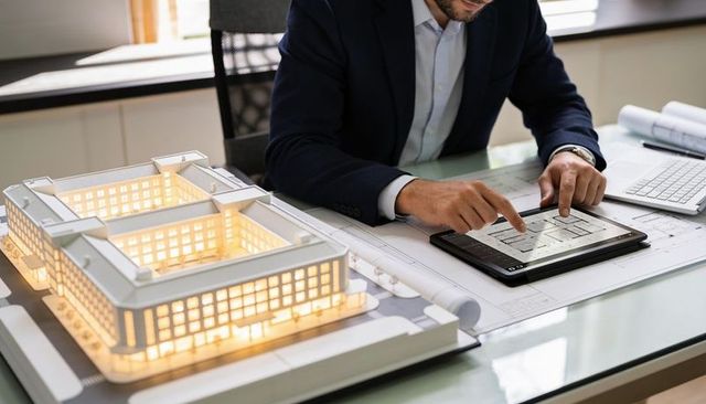 Architect reviewing illuminated scale model and using digital floorplan on tablet