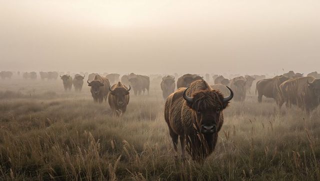 Shaggy highland cattle herd moving through misty grassland at dawn with horned lead cow