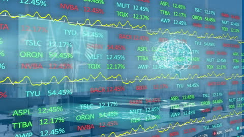 Digital Stock Market Animation with AI Insight in Modern Office