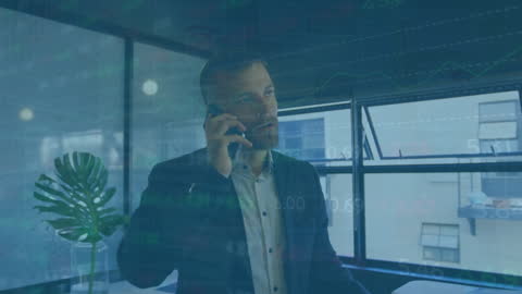 Businessman Talking on Smartphone with Digital Financial Overlay
