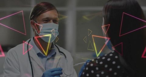 Masked Doctor Preparing Vaccination for Female Patient with Neon Geometric Overlay